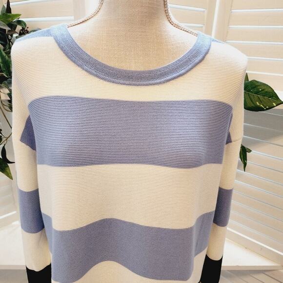 TALBOTS MULTI BLUE STRIPE SWEATER WITH BUTTON SIDE ACCENT SIZE XLP - Picture 2 of 7